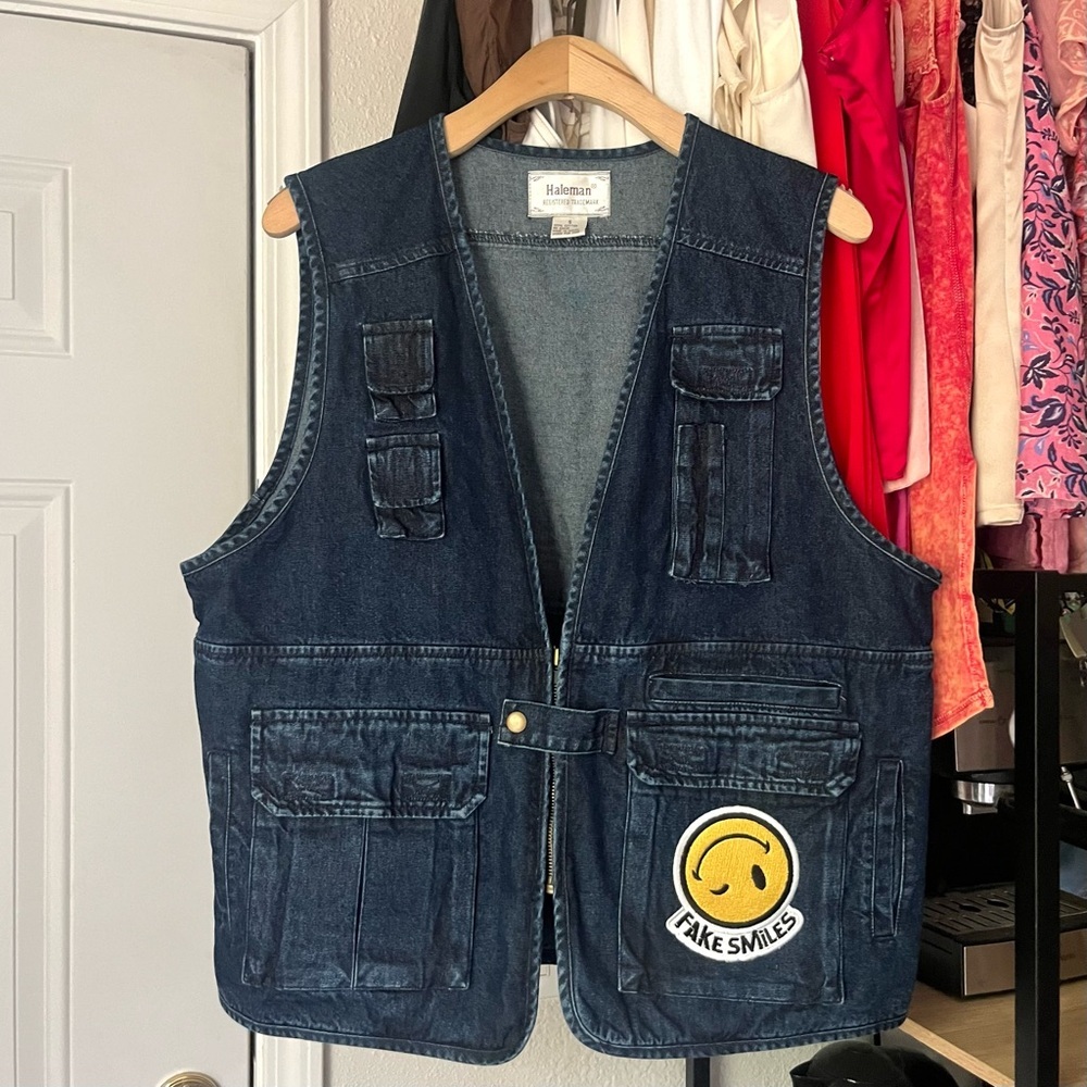 HALEMAN dark blue denim patch cargo utility chore jean vest